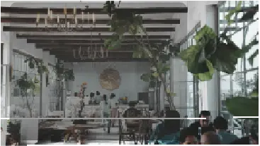 Bright, modern cafe interior with high ceilings, wooden beams, and lush green plants