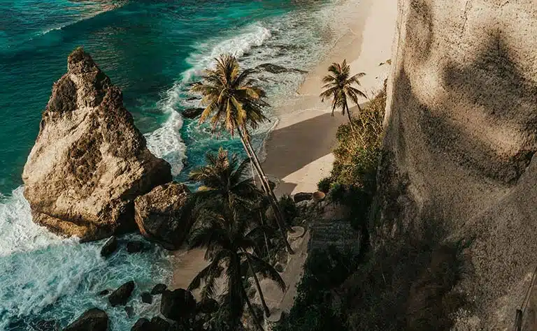Bali beach at sunset near a surf camp