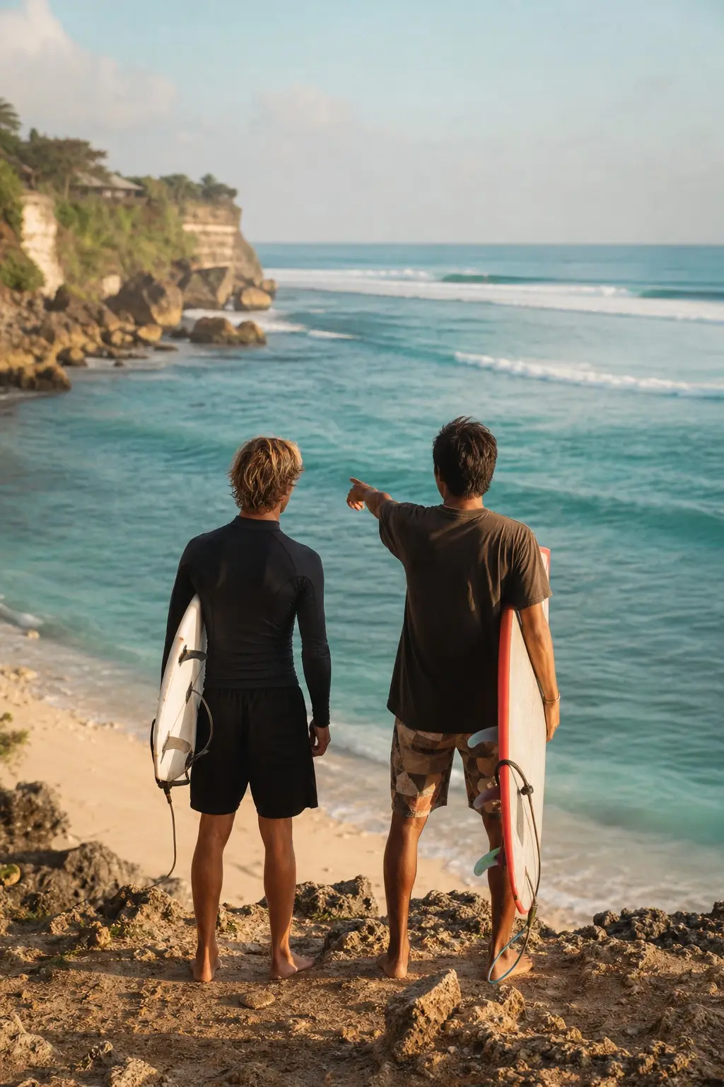 Surf guide pointing out the best waves to an experienced surfer on a Bali beach