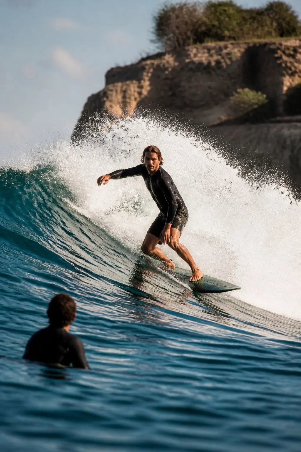 Experienced surfer making a controlled turn on a Bali wave with a guide nearby