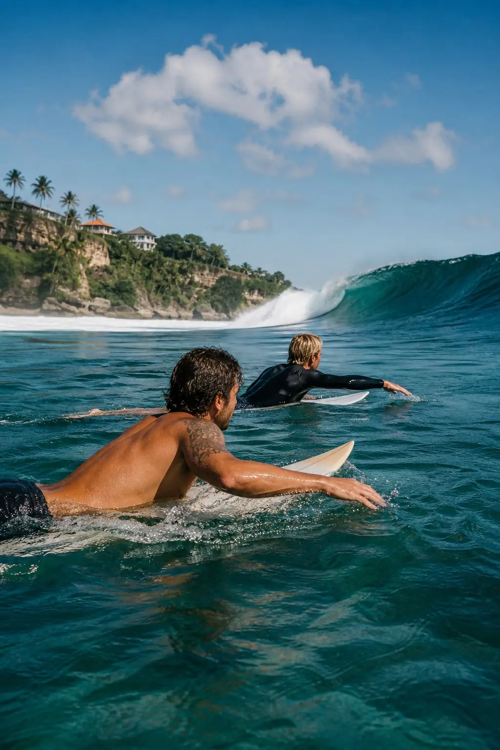 Two surfers paddling out together toward a clean wave in Bali